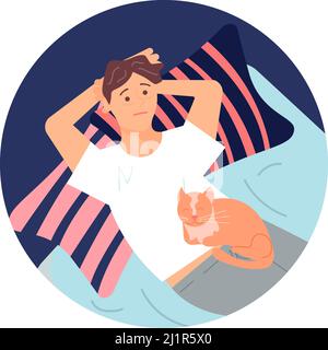 Round red template with Young man character is lying on back in bed with insomnia Stock Vector