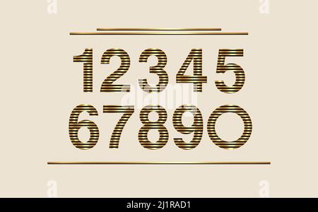 Numbers set vector font alphabet, modern dynamic luxury flat design for your unique elements design, striped pattern, logo, corporate identity, gold Stock Vector