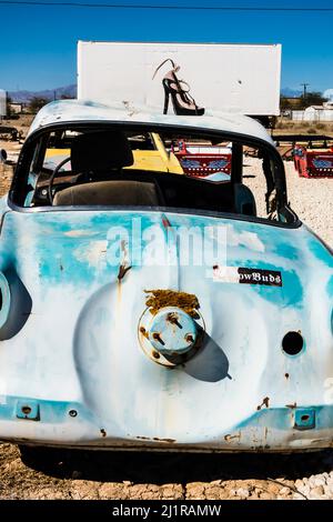 Junked Nash Metropolitan is part of an art installation called 'The Drive-In Bombay Beach.' Art installation by Stefan Ashkenazy, Sean Dale Taylor, an Stock Photo