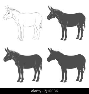 Set of black and white illustrations with donkey, mule. Isolated vector objects on a white background. Stock Vector