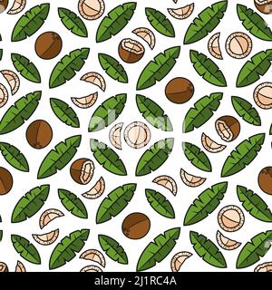 Seamless pattern with palm leaves and coconuts. Tropical vector background with isolated objects. Stock Vector