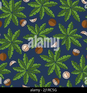 Seamless pattern with palm trees and coconuts. Tropical vector background with isolated objects. Stock Vector
