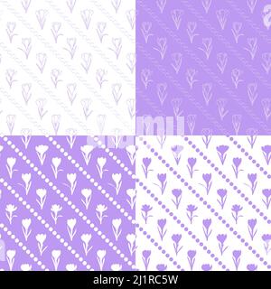 Set of seamless patterns with purple crocus flowers, saffron. Vector background. Stock Vector