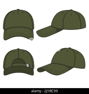 Set of color illustrations with khaki baseball cap. Isolated vector objects on white background. Stock Vector