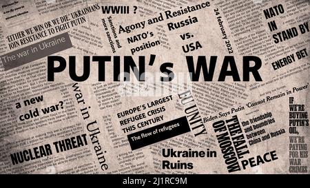New York, USA – March 27,2022: Collage of Newspaper headlines and articles about the war conflict between Russia and Ukraine. Stock Photo