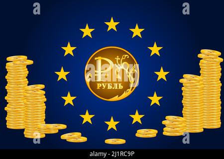 Illustration of coins with euro sign and ruble sign. The concept of the financial crisis in the world from the situation in Ukraine. Stock Vector