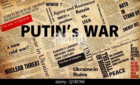 New York, USA – March 27,2022: Collage of Newspaper headlines and articles about the war conflict between Russia and Ukraine. Stock Photo