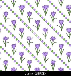 Seamless pattern with purple crocus flowers, saffron. Vector background. Stock Vector