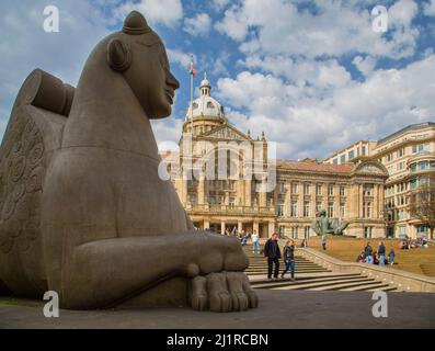 The Sphinx Guardian looks across Victoria Square in Birmingham. The Floozie in the Jacuzzi statue can also be seen in front of the Council House. Stock Photo