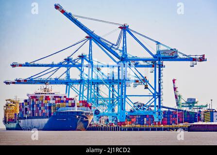 Northern Monument, a Portugese container ship, is docked at APM Terminals, March 25, 2022, in Mobile, Alabama. Northern Monument was built in 2004. Stock Photo