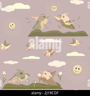 spring flowers daffodils and birds pattern no background Stock Vector