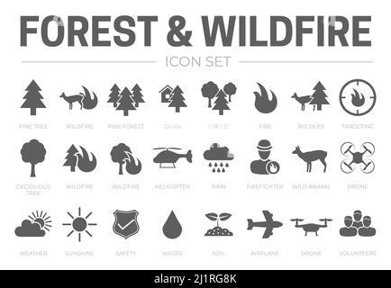 Forest & Wildfire Icon Set with Fire, Pine, Cabin, Wildlife, Helicopter, Rain, Weather, Firefighter, Wild Animal, Drone, Water, Airplane, Volunteers, Stock Vector