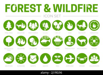 Forest & Wildfire Icon Set with Fire, Pine, Cabin, Wildlife, Helicopter, Rain, Weather, Firefighter, Wild Animal, Drone, Water, Airplane, Volunteers, Stock Vector