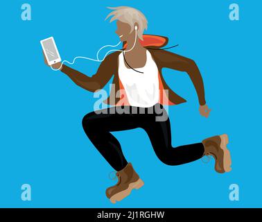 Illustration of a smiling guy enjoying music.The guy in the jump holds a phone in his hand and listens to his favorite music on headphones. Relax time Stock Vector