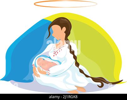 Illustration of Ukrainian mother and newborn baby.A young mother holds her child in her arms and protects his sleep like an Angel. Prayer for peace fo Stock Vector