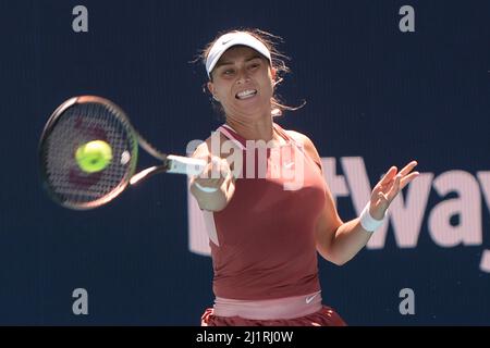 Miami, Florida, USA. 27th Mar, 2022. Paula Badosa (ESP) defeated Yulia Putintseva (KAZ) 6-3, 6-2, at the Miami Open being played at Hard Rock Stadium in Miami Gardens, Florida on March 27, 2022: © Karla Kinne/Tennisclix/CSM Credit: Cal Sport Media/Alamy Live News Stock Photo