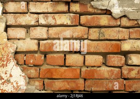 Authentic red textured background with gray and pink hues. The brick wall of an old house with small remnants of plaster around the edges. Stock Photo