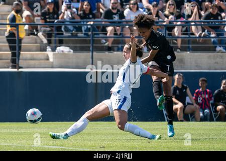 OL Reign defender Sam Hiatt (17) blocks a shot attempt by Angel City FC forward Simone Charley (7) during a NWSL match, Saturday, March 26, 2022, at t Stock Photo