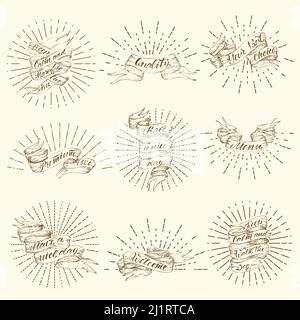 Vintage ribbon banners set with sunbursts and different inscriptions in hand drawn style isolated vector illustration Stock Vector