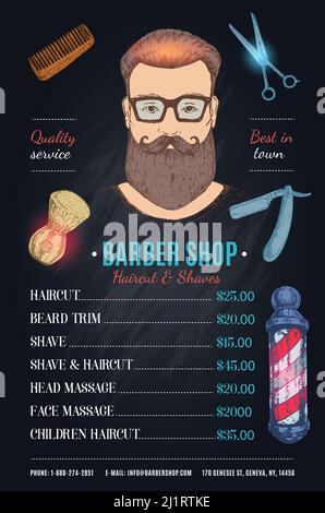 Barber shop hipster style poster with male face price list working tools on black background vector illustration Stock Vector