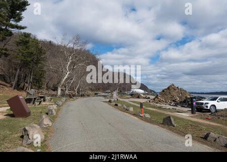 Current look at the Englewood Picnic Area parking lot, Palisades Interstate Park, Bergen County, NJ after the storm Ida damage / clean up Stock Photo