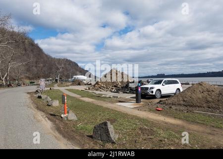 Current look at the Englewood Picnic Area parking lot, Palisades Interstate Park, Bergen County, NJ after the storm Ida damage / clean up Stock Photo