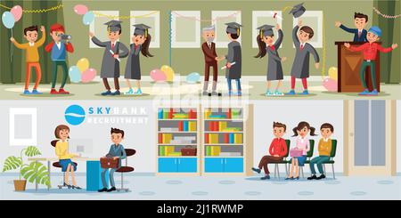 People in university horizontal banners with graduation celebration ceremony and bank recruitment of graduates vector illustration Stock Vector