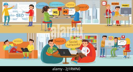 Business web development horizontal banners with people working on seo optimization in office and coworking center vector illustration Stock Vector