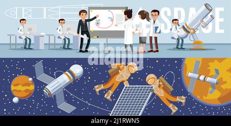 Galaxy exploration horizontal banners with scientists in observatory spaceship satellite and astronauts in outer space vector illustration Stock Vector