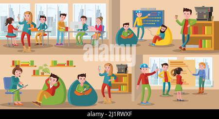 Coworking center horizontal banners with talking and discussing people sharing working environment vector illustration Stock Vector
