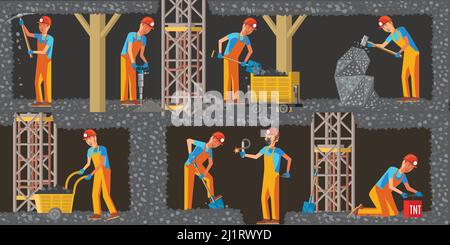 Coal extraction industry horizontal banners with working miners different equipment and tools in flat style vector illustration Stock Vector