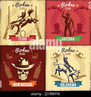 Vintage wild west emblems with cowboy riding animals skull weapon and different rodeo elements vector illustration Stock Vector