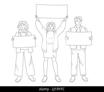 People at rally empty banner for your text. Protesting young men and women hold posters. Person take part political meeting. Protest, parade no war in Ukraine. Flat design illustration Stock Vector