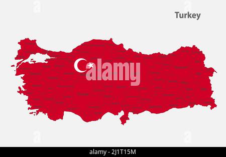 Map of the Turkey in the colors of the flag, administrative divisions vector Stock Vector