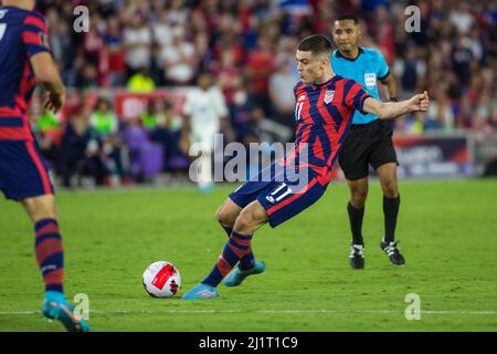 Orlando, Florida, USA. March 27, 2022: United States forward Gio Reyna (11) takes a shot on goal during the FIFA World Cup 2022 qualifying match between Panama and USMNT Orlando, FL. USA defeats Panama 5 to 1. Jonathan Huff/CSM. Credit: Cal Sport Media/Alamy Live News Stock Photo