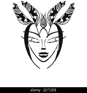 A hand drawn sketch of a female face with intricately designed leaves as a head dress. Black and white illustration. Stock Photo
