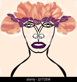 Hand drawn ink sketch of a female face with textured flowers in her hair. Pink background square illustration. Stock Photo