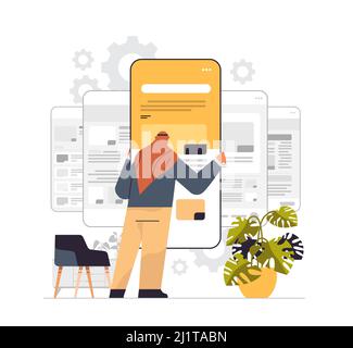 arab man technician working on smartphone repairing mobile application setting option adjusting concept Stock Vector