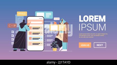 web developers couple creating program code on smartphone screen development of software and programming Stock Vector