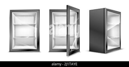Mini refrigerator for beverages with transparent glass door. Empty gray fridge for fresh food or drinks in supermarket or kitchen. Realistic 3d vector Stock Vector