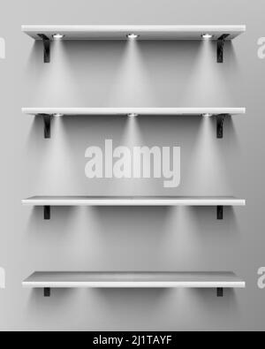 Empty wooden shelves with spotlights. Vector realistic mockup of white bookshelves in library, wood showcase in store. Timber planks illuminated by la Stock Vector