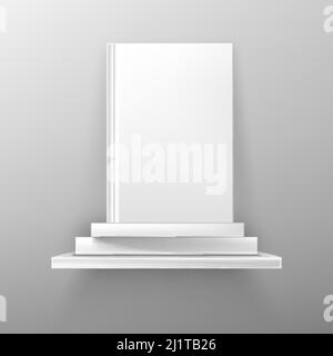 Books on white bookshelf, bestseller mockup with blank cover stand on shelf in library or store. Booklet, diary volumes with empty paperback lying in Stock Vector
