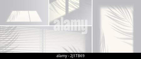 Shadow overlay effect backgrounds. Vector realistic mockup of room with sunlight from window and gray shades of blinds and plant leaves on white wall and floor Stock Vector