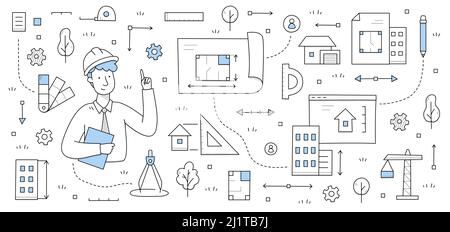 Man architect in helmet, house project blueprint, crane, measure tools. Vector hand drawn illustration of architecture and construction industry with engineer, drawing compass, building drafts Stock Vector