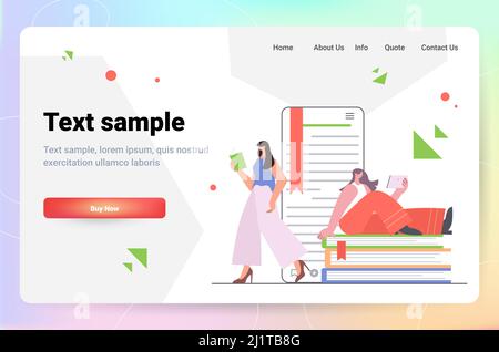women reading books distance studying self education literature knowledge concept horizontal copy space full length vector illustration Stock Vector