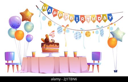 Kids birthday party decoration, festive cake with four years old candle on table with plates and glasses, chairs, balloons bunches and garlands isolat Stock Vector