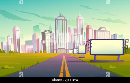 Road to city with billboards, cityscape with skyscrapers, office buildings and modern houses. Urban landscape, empty highway, ad banners and town skyl Stock Vector