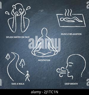 Chalkboard calming activities icon set. How to stop panic attack. Vector illustration. Stock Vector