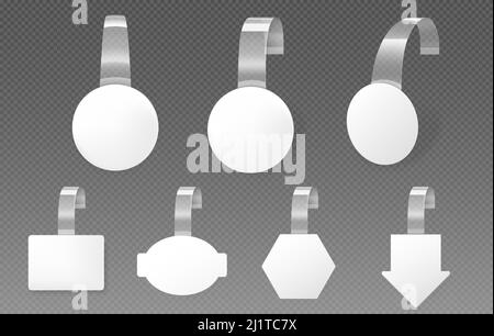 Advertising wobblers, speech bubbles mockup set. Blank price pop up tags hang on wall. White paper promotion stickers on plastic strips. Isolated clea Stock Vector