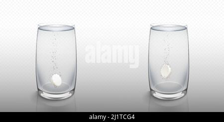 Effervescent soluble tablet in water glass isolated on transparent background. Vector realistic mockup of white fizzy pill with bubbles, dissolving me Stock Vector